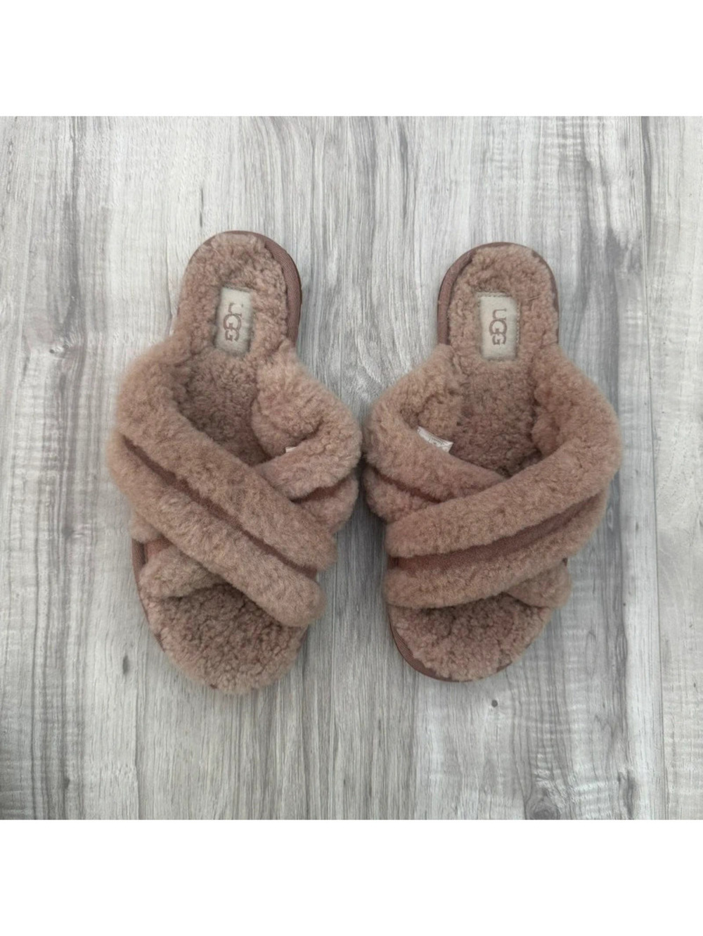 UGG Fuzzy Shearling Cross Strap Slide Sandals Brown Women’s Size 8